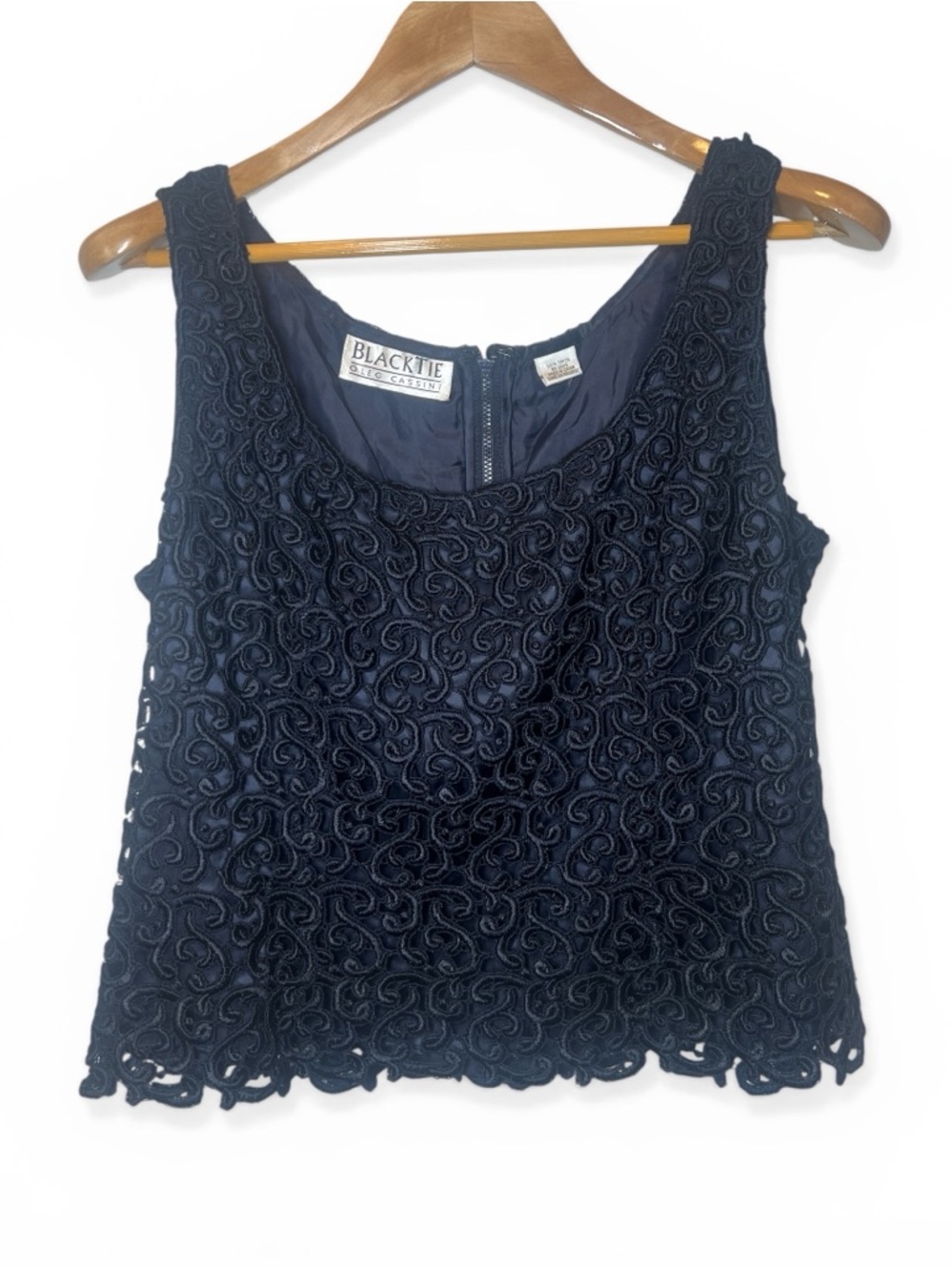 Black Tie Oleg Cassini Navy Lace Crochet Tank Formal Lined Pockets Vintage